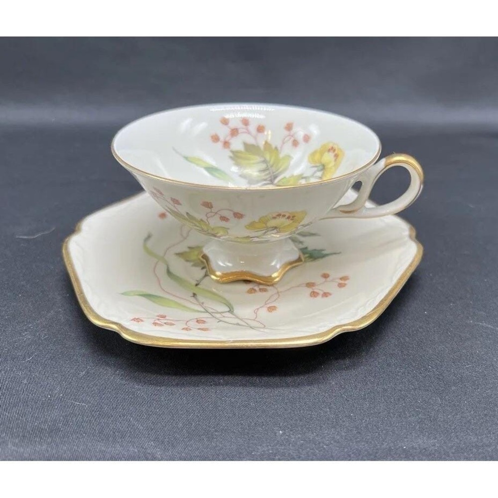 Vintage Mitterteich Bavaria Germany 075 Footed Teacup & Unique Saucer